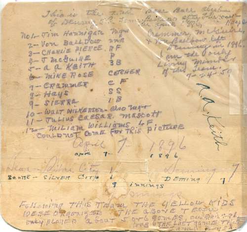 Early Base Ball Team After Game Silver City vs. Deming with Black Boy Mascot April 7, 1896 Back